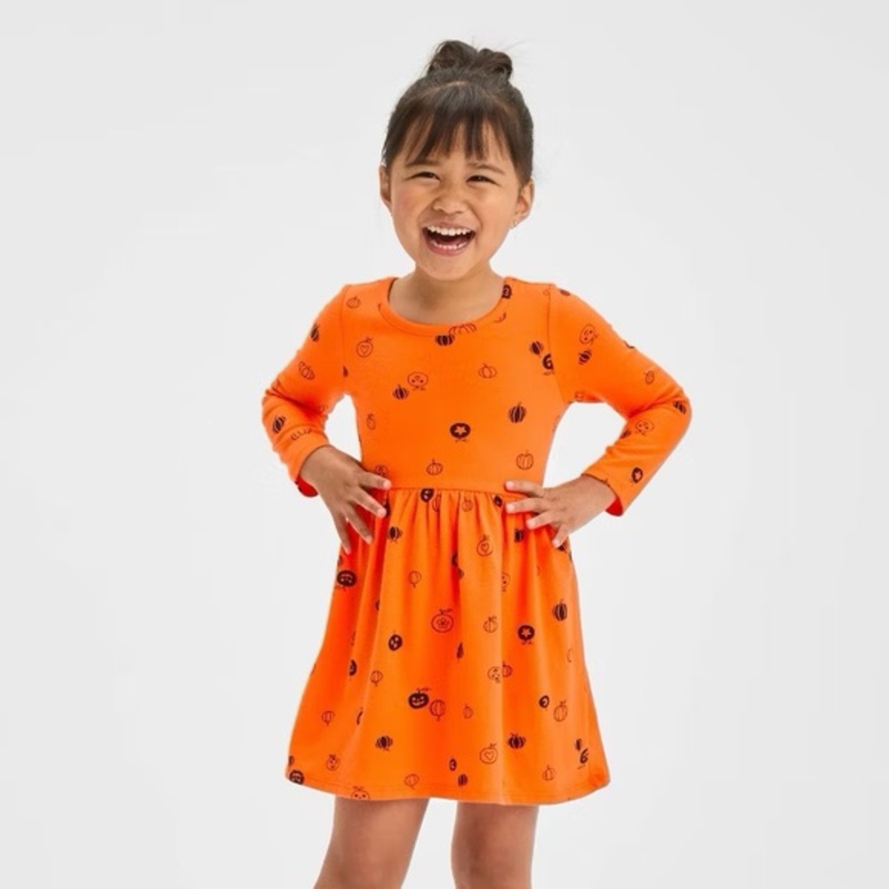 Toddler Girls' Long Sleeve Halloween Printed Dress - nwt Orange